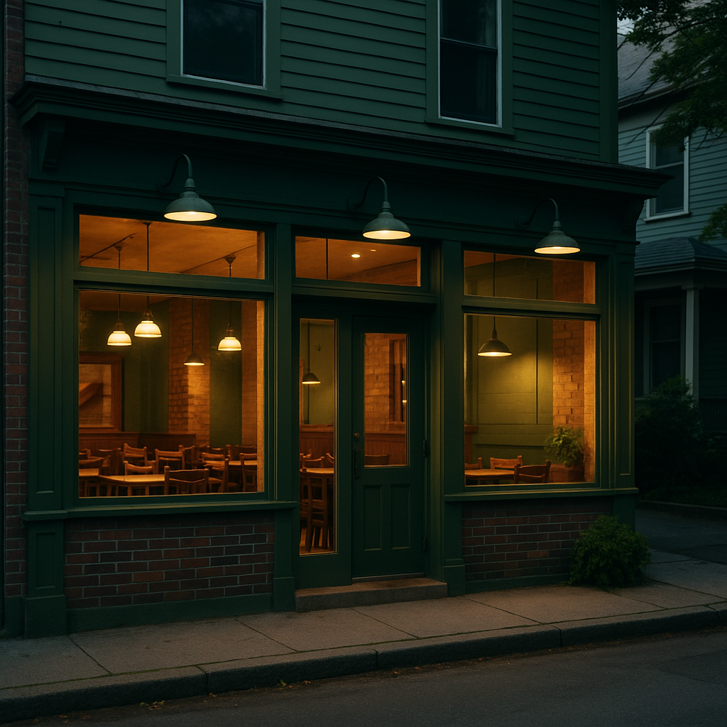 New England pizza restaurant storefront at twilight