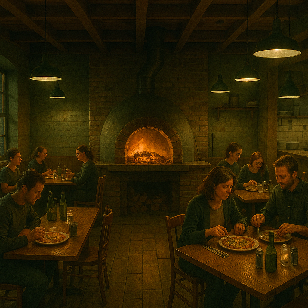 Interior of casual restaurant with wood-fired oven and diners at tables