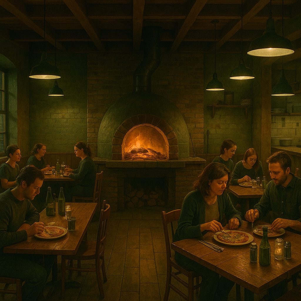 Interior of casual restaurant with wood-fired oven and diners at tables