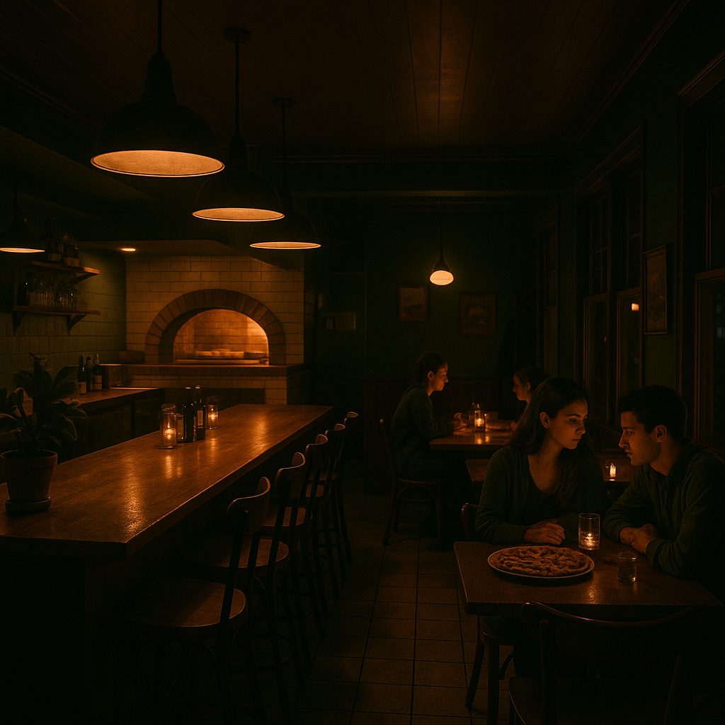 Late-night pizza restaurant with moody lighting and intimate dining