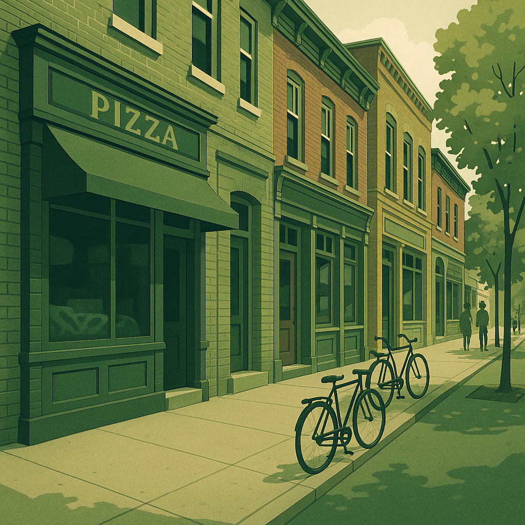 New England downtown street scene with local storefronts