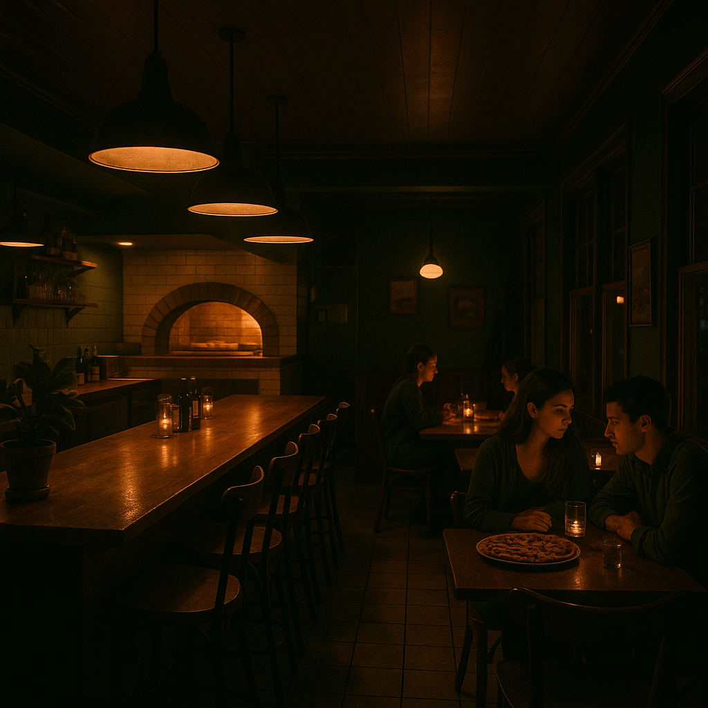 Late-night pizza restaurant with moody lighting and intimate dining